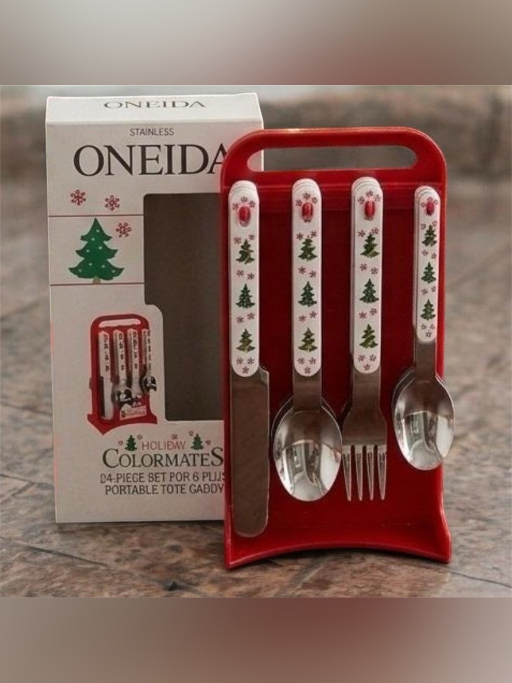Vtg Oneida Holiday Colormates 24-piece stainless steel flatware set w/rack 1987